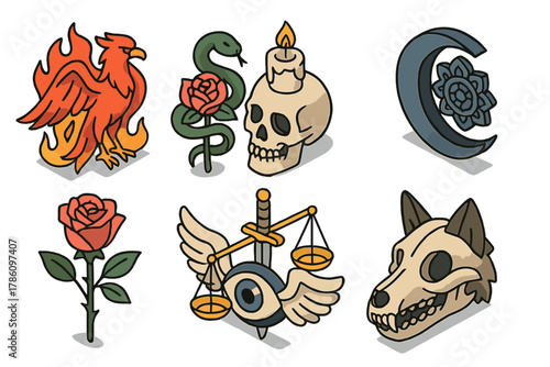Tattoo Symbolism Illustrations. Isometric vector illustration set of Tattoo symbolism: phoenix with fire, snake with flower, skull
