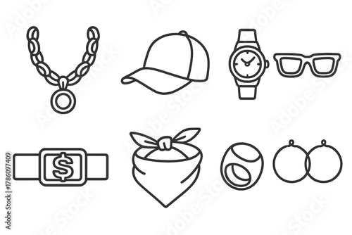 Hip Hop Accessories. Line style icons of Hip Hop Accessories: Gold Chain, Cap, Watch, Sunglasses, Belt Buckle, Bandana, Ring,