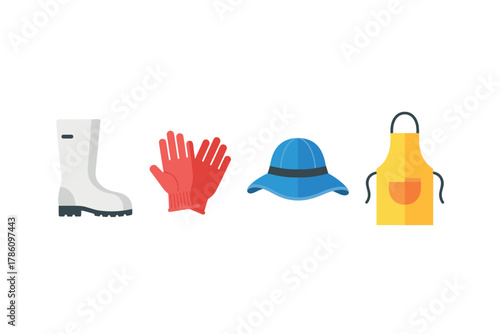 Gardening and farm work essentials icons for outdoor safety and comfort