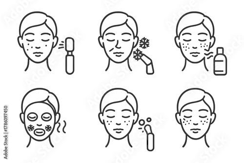 Cryo Facial Icon Set. Line style icons of cryo facials for specific concerns: acne-prone face chill, fine lines freeze, redness