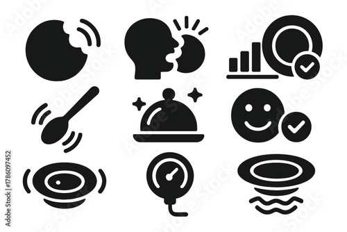 Edible Feedback Icons. Solid style icons of edible feedback reactions: bite + signal icon, chew response glow, pressure readout