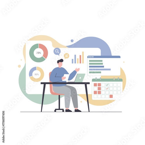 Man Analyzing Digital Planner Charts and Analytics Widgets with Laptop and Calendar Task Management Strategy Planning