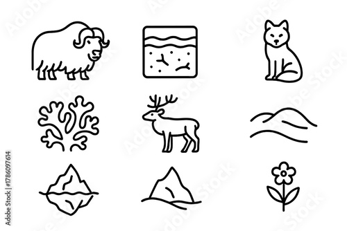 Tundra Line Art Icons. Line style icons of Tundra: Musk Ox, Permafrost, Arctic Fox, Lichen, Caribou, Snowdrift, Iceberg, Tundra
