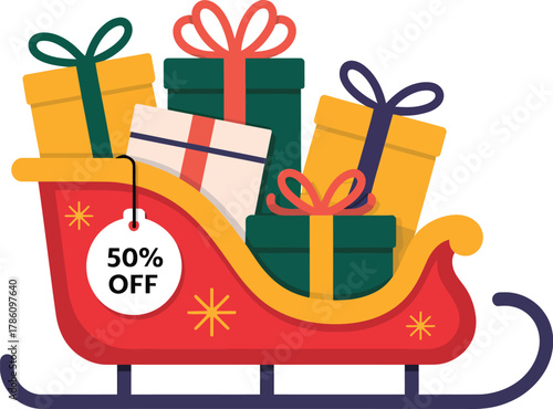 Holiday sale christmas gifts sleigh fifty percent off vector illustration