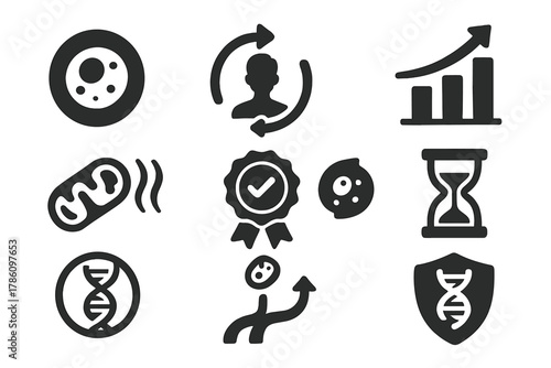 Hormetic Stress Icons. Solid style icons of hormetic stress and aging: youthful cell icon, reverse aging glyph, longevity arc