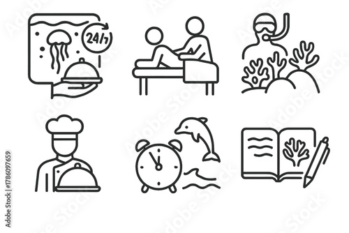 Luxury Service Icons. Line style icons of luxury services: 24/7 underwater room service, in-room massage icon, private reef guide,