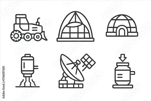 Martian Terraforming Line Icons. Line style icons of Martian terraforming tools: regolith tiller machine, dust shield structure,