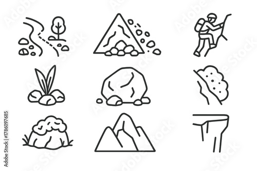 Hidden Mountain Path Icons. Line style icons of Hidden Scree Slope: Secret Path, Loose Rock, Mountain Climber, Hardy Plant,