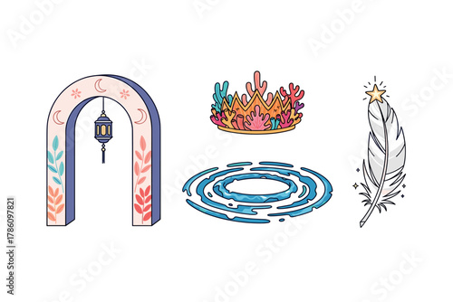 Mystical elements for fantasy design: magical gateway, coral crown, water ripple, and enchanted feather