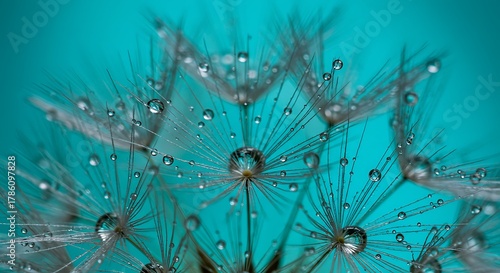 Detailed macro view of a dandelion seed head featuring numerous water droplets, against a vibrant teal backdrop