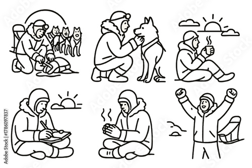 Mushing Icon Moments. Line style icons of musher life moments: early morning prep, bonding with lead dog, hot drink at sunrise,