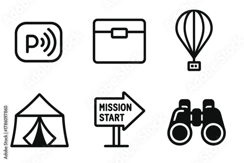 High-Altitude Ballooning Icons. Line style icons of High-Altitude Ballooning: radio frequency ID tag, foam-insulated box, launch
