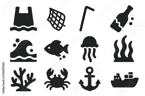 Ocean Pollution Icons. Solid style icons of Ocean Contamination: Floating Bag, Fishing Net, Plastic Straw, Broken Bottle, Wave,