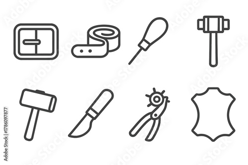 Leatherworking Tools Icons. Line style icons of Leatherworking: Buckle, Leather Strap, Awl, Stamping Tool, Mallet, Cutting Knife,