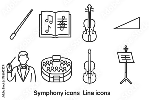 Symphony Icon Elements. Line style icons of Symphony: Baton, Music Score, Violin, Crescendo, Conductor, Orchestra Pit, Cello,
