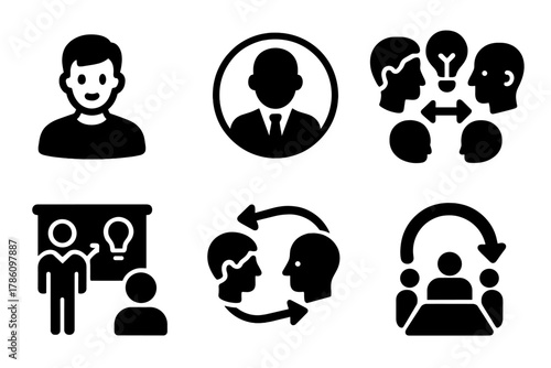 Startup Mentorship Icons. Solid style icons of startup mentorship dynamics: young founder icon, investor listening badge, idea