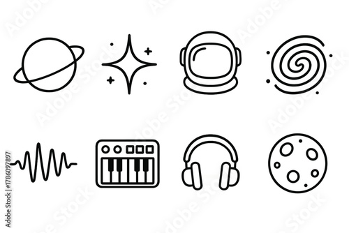Space Icons Collection. Line style icons of Space Ambient: Planet, Star, Astronaut Helmet, Galaxy, Waveform, Synthesizer,