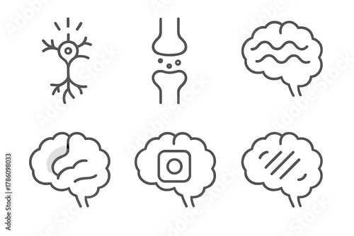 Brain Function Icons. Line style icons of brain functions during training: neuron activation, synapse connection, brainwave flow,