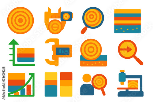 Growth Ring Icons. Flat vector icons of growth ring visualization and measurement: concentric rings, caliper measurement,