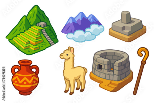Machu Picchu Icons. Isometric vector illustration set Historical monuments – Machu Picchu terraces, Intihuatana stone, Temple of