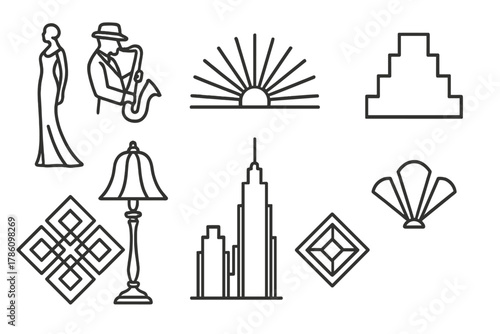 Glamorous Deco Icons. Line style icons of Glamorous Deco: Sleek Figure, Jazz Age, Sunburst Motif, Ziggurat Design, Elegant Lamp,