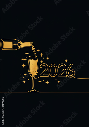 Minimalist New Year Celebration: Elegant line art of champagne pouring into a glass for 2026