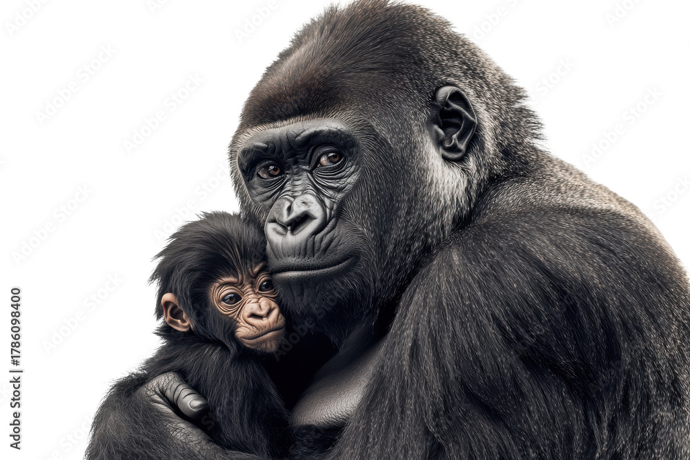 Obraz premium Mother gorilla holding her baby isolated on transparent background. Gorilla female with her baby isolated on white background.