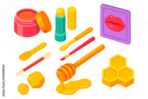 Vibrant Skincare Essentials. Isometric vector illustration set Skincare routine – lip scrub pot, lip balm tube, lip mask sachet;