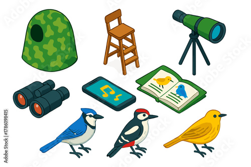 Hiking Trail Essentials. Isometric vector illustration set Hiking trails – camo net hide, observation seat, tripod mount;