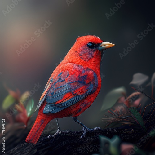 Bright red bird perched quietly among lush greenery in the peaceful early morning light