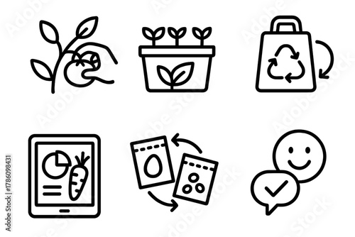 Consumer Participation Icons. Line style icons of consumer participation: picking your produce, grow-your-own kit, composting