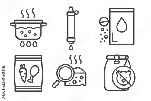 Water and Food Safety. Line style icons of water and food safety: boiling water pot, filtration straw, water purification tab,
