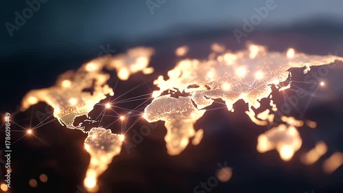 World map highlighting global network defocused connections, faceless interconnectedness visualization, communication detail, blurred geographical background, worldwide concept, co