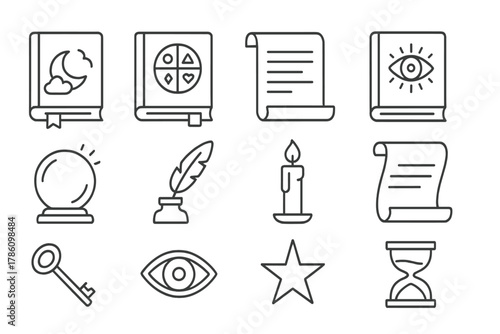 Mystical Icons Collection. Line style icons of Mystical Texts: Dream Analysis, Symbol Compendium, Old Scroll, Prophecy; Crystal
