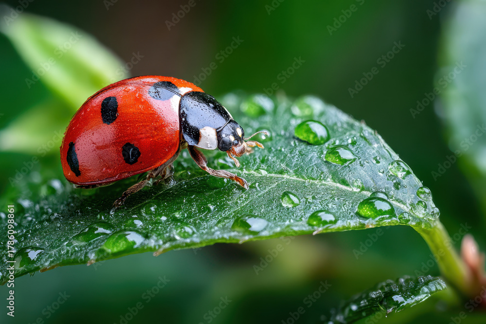 Fototapeta premium Ladybug on a Dewy Green Leaf Close Up