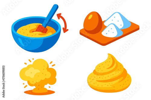 Cooking Technique Icons. Isometric vector illustration set Cooking techniques – mixing bowl, rubber spatula, folding motion arrows