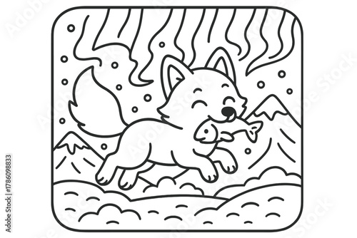 Arctic Fox Adventure. Playful arctic fox leaping in the snow with fish, northern lights, and snowy mountains behind, black and