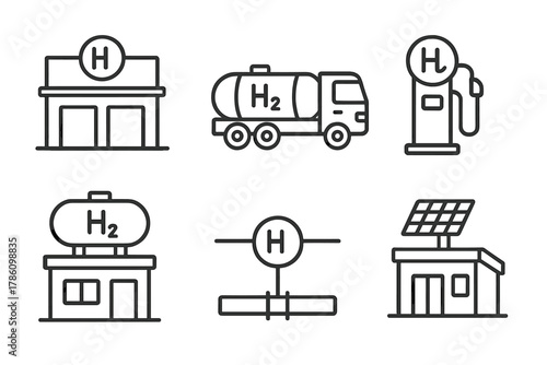 Hydrogen Fuel Infrastructure Icons. Line style icons of hydrogen fueling infrastructure: H2 station building, mobile hydrogen tank