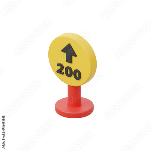 A 3D illustration of a yellow circular road sign with an upward arrow and the number 200, indicating a direction or distance