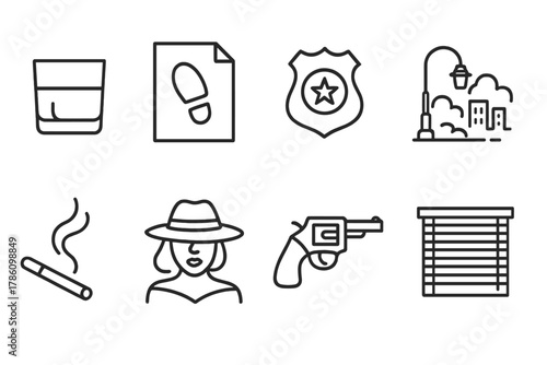Film Noir Icons. Line style icons of Film Noir: Whiskey Glass, Crime Evidence, Detective Badge, Foggy Street, Smoking Cigarette,