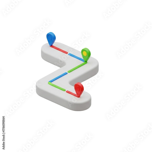 3D route with navigation pins and checkpoints, representing a journey or path