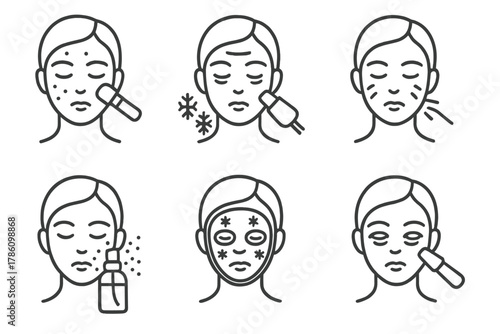 Cryo Facial Icon Set. Line style icons of cryo facials for specific concerns: acne-prone face chill, fine lines freeze, redness