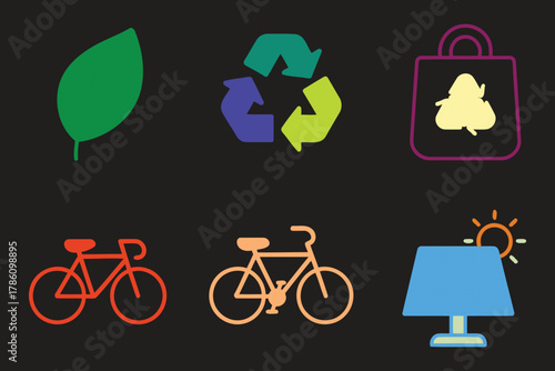 Collection of six colorful flat design icons representing environmental sustainability and eco friendly living on a dark background