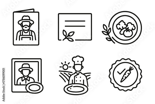 Local Sourcing Icons. Line style icons of restaurant-local partnerships: farmer logo on menu, local sourcing mention card,