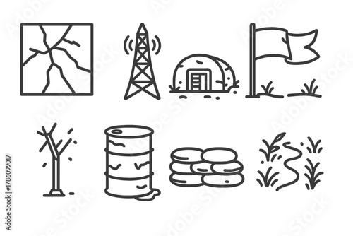 Forgotten Outpost Icons. Line style icons of Forgotten Outpost: Cracked Window, Radio Tower, Old Bunker, Windswept Flag, Broken