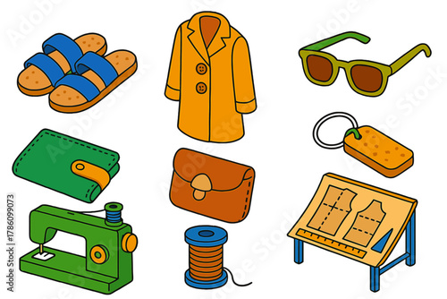 Sustainable Fashion Icons. Isometric vector illustration set Sustainable fashion – cork sandals, wooden button coat, olive wood