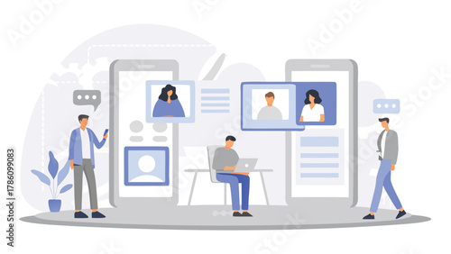 Diverse group of people engaging in online communication and remote work using smartphones and laptops with video calls and chat bubbles