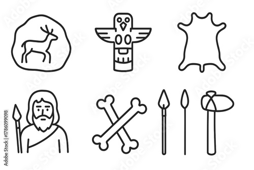 Prehistoric Icon Set. Line style icons of Prehistoric Ritual: Cave Painting, Totem, Fire Pit, Animal Skin, Hunter, Bones, Spear,