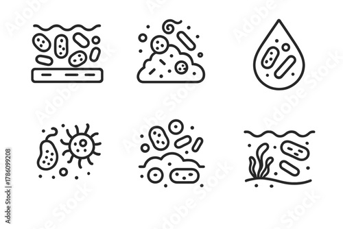 Bacterial Ecosystem Icons. Line style icons of bacterial ecosystems: biofilm on plastic surface, microbial diversity on waste,