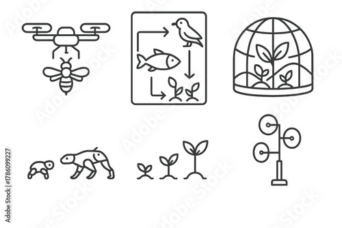 Ecosystem Icons. Line style icons of ecosystem creation in terraforming: pollinator release drone, artificial food chain diagram,